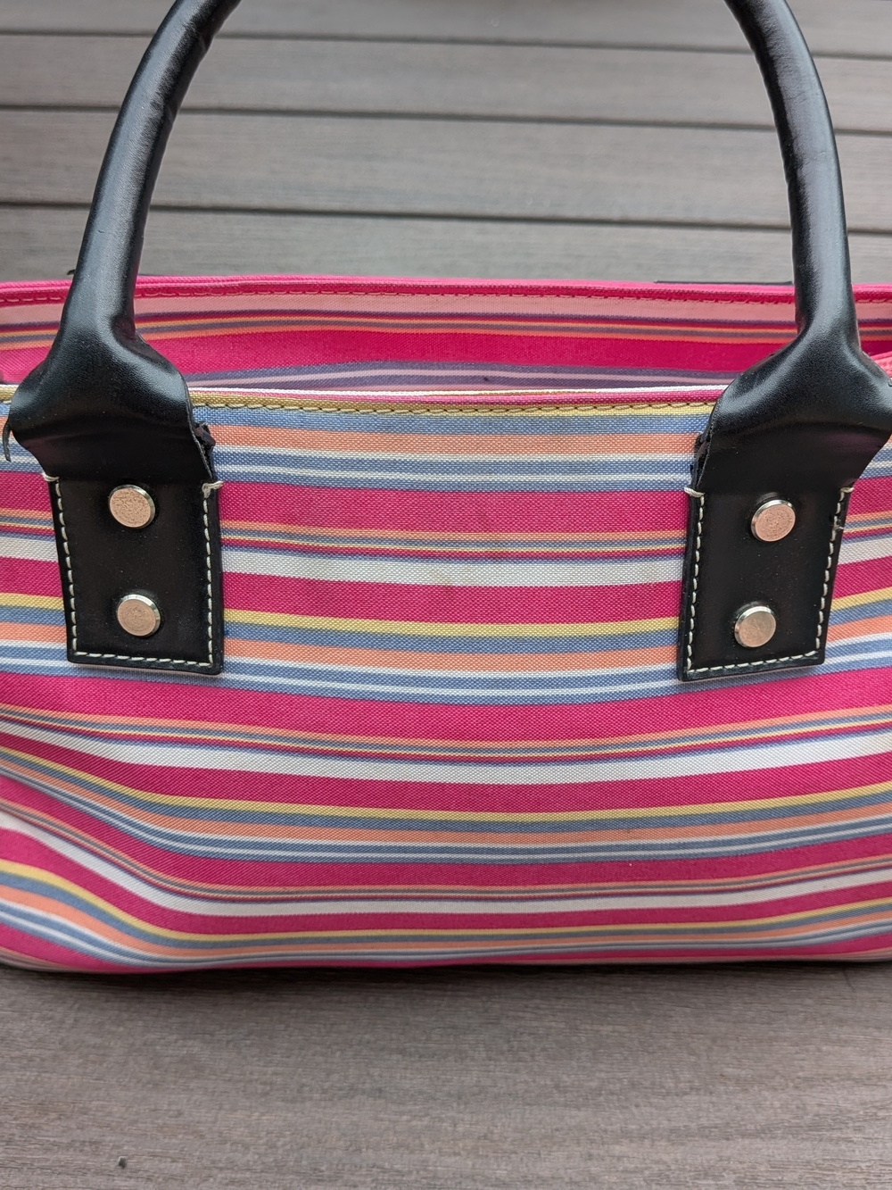 Vintage kate spade Pink Multi-Stripe Satchel with Black Trim - Picture 8 of 14